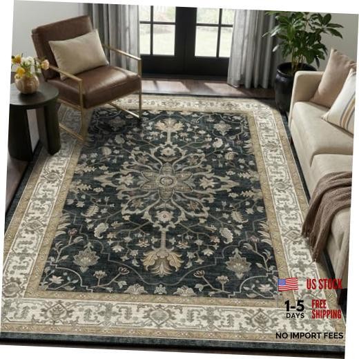 Area Rugs 5’x7′ Washable Vacuum-Friendly, Non-Slip, Floral Vintage Distress