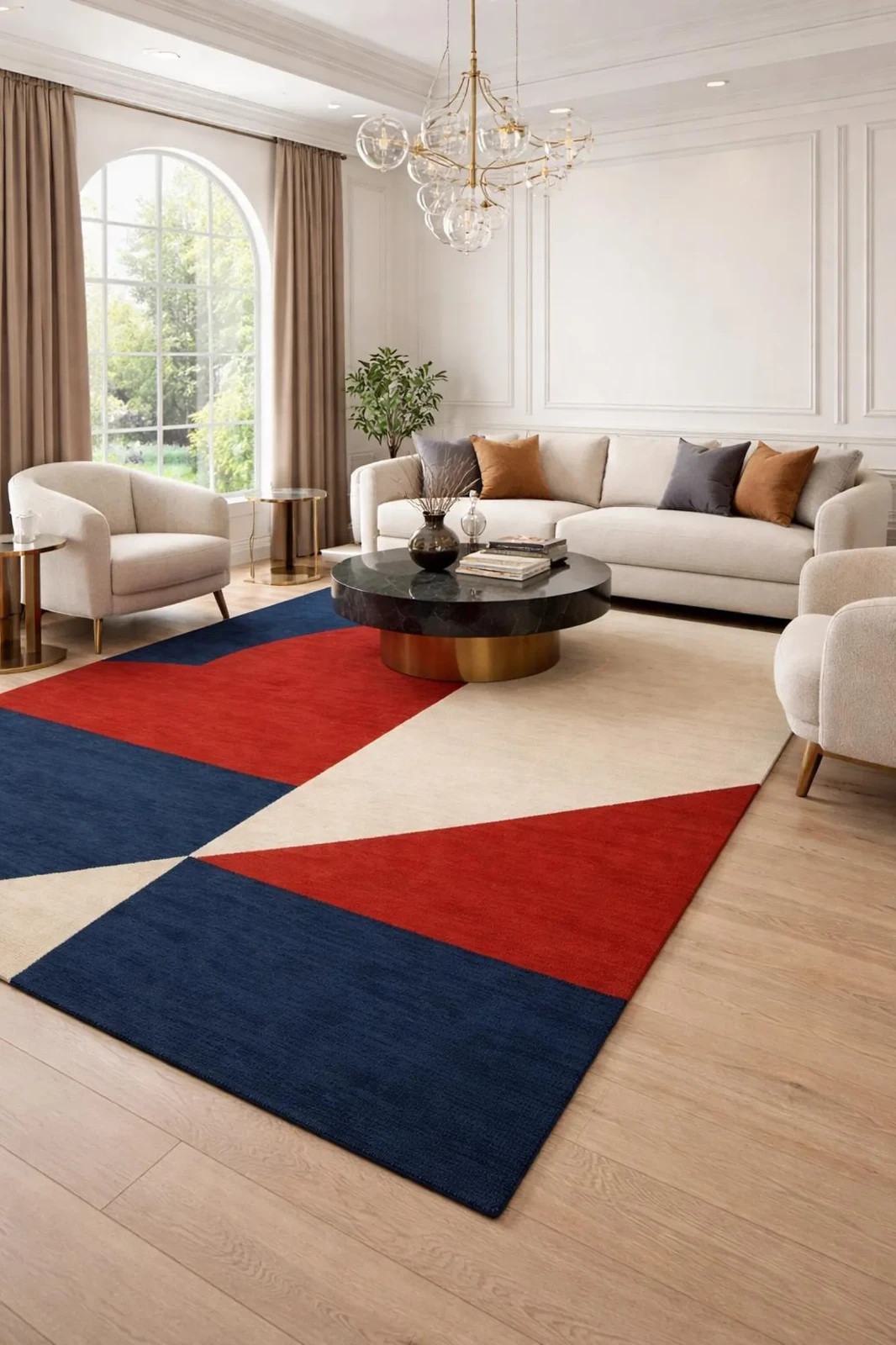Modern Geometric Rug, Hand Tufted Wool Area Abstract Red Blue Cream Rug &Carpet