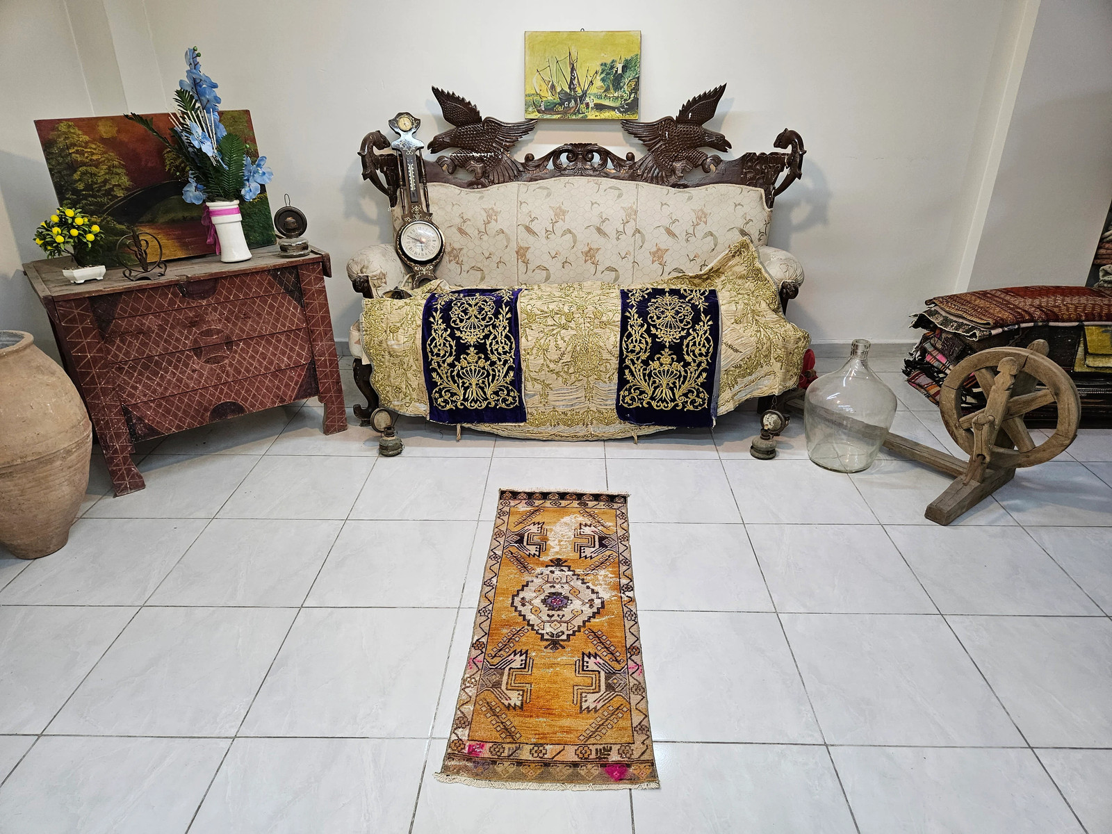 Small Orange Turkish Rug, Vintage Accent Mat 1.5 x 3.9 ft