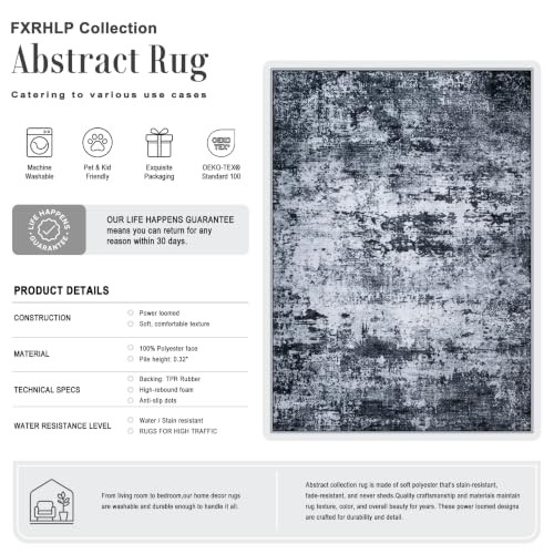 5×7 Area Rug Living Room: Modern Washable Indoor Carpet Black | For Bedroom