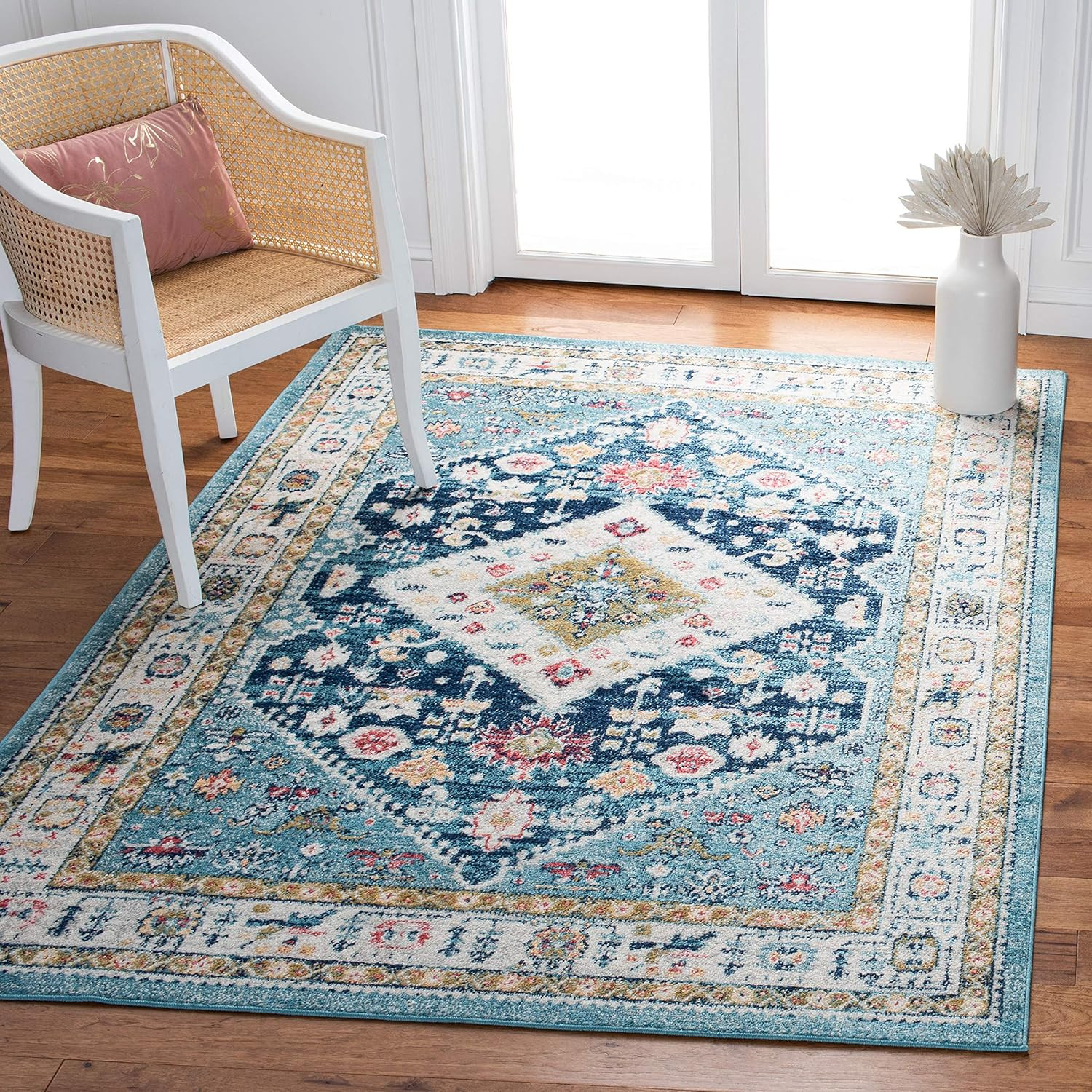Boho Chic Light Blue Ivory Medallion Area Rug 5’1″ x 7’6″ Non-Shedding