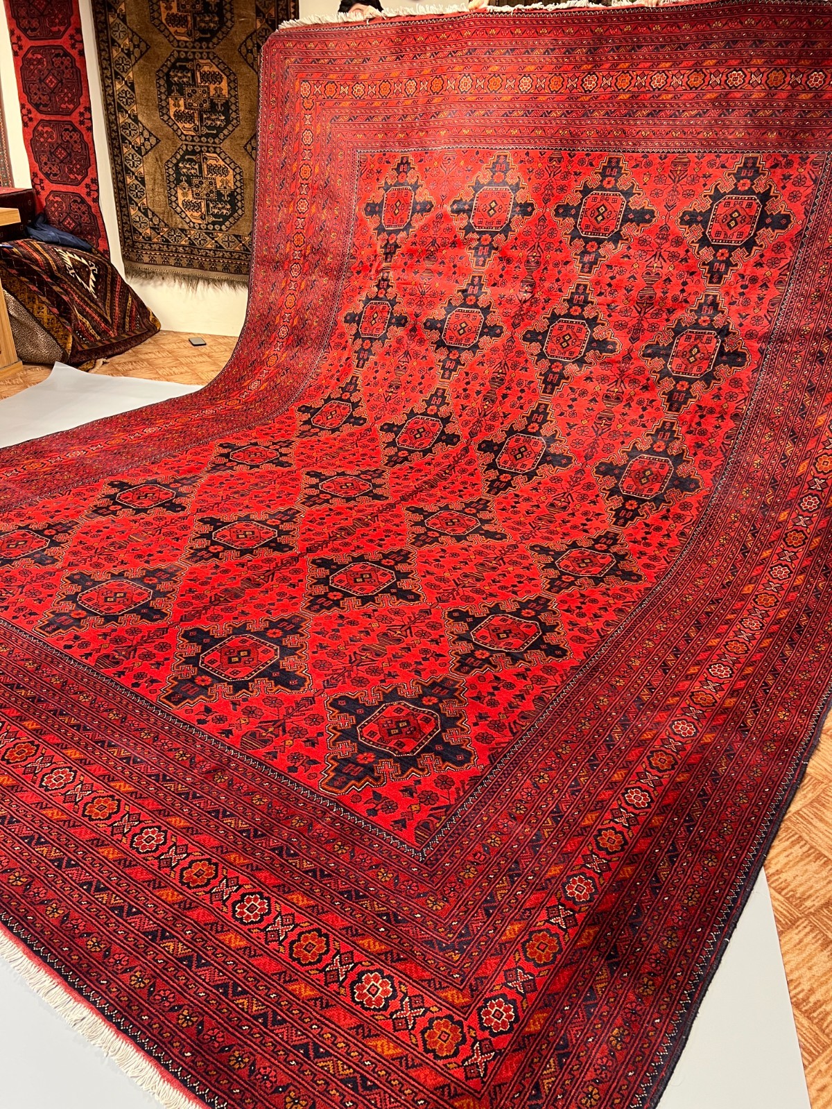 9’11 x 13’3 Ft Striking Afghan Tribal Hand Knotted Wool Rug Red Navy Geometric
