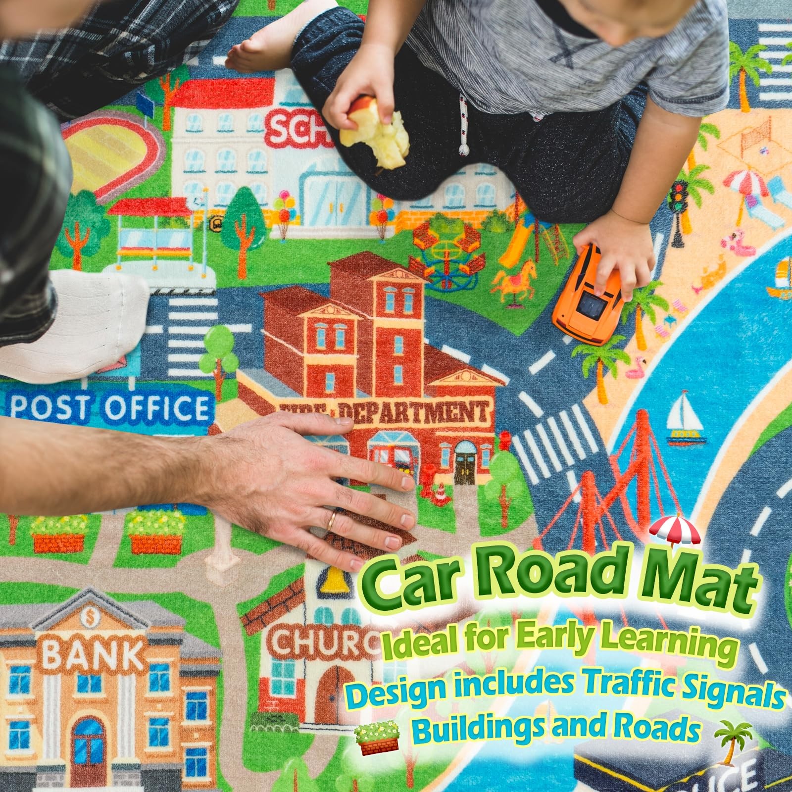 Car Rug Play Mat Non-Slip Machine Washable 3’x4′ for Kids – Interactive Traffic