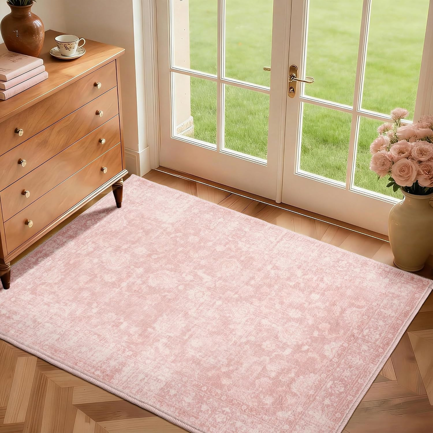 3X5 Pink Washable Rug – Vintage Floral Low Pile Area Rug for Bedroom, Girls Room