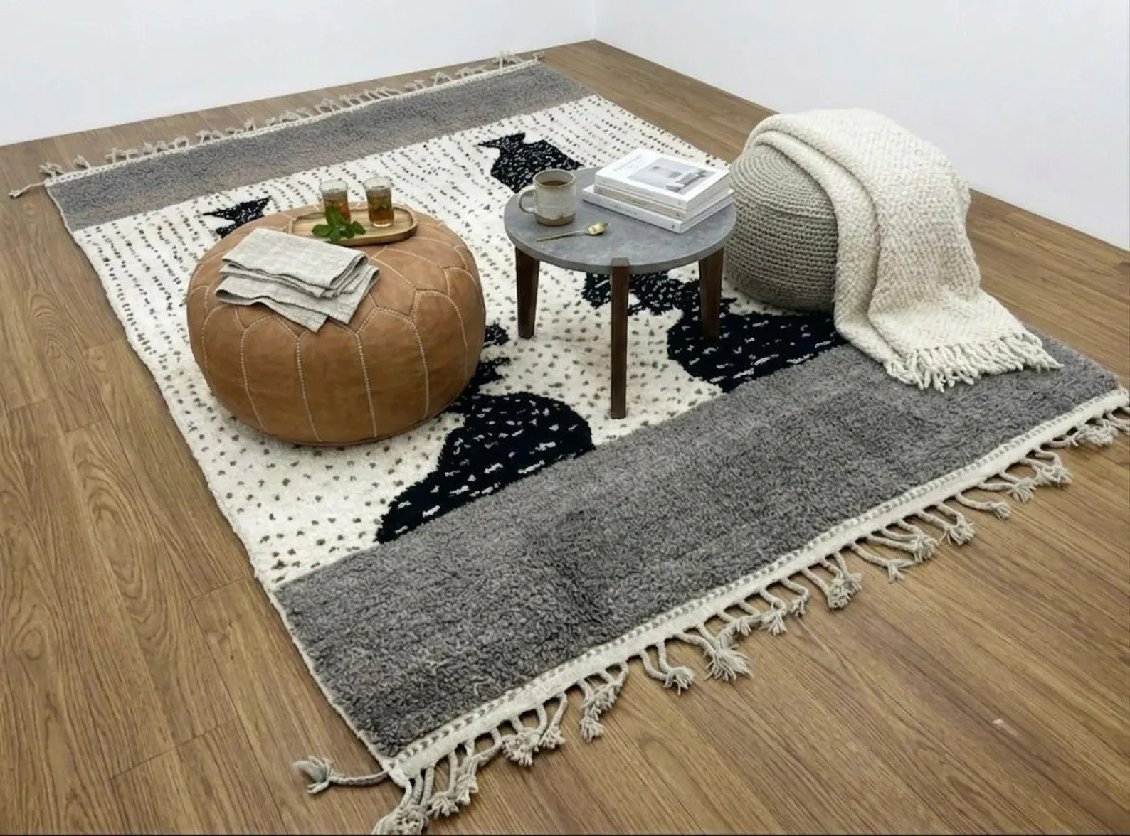 Handmade Beni Ouraina Rug Moroccan Berber Wool Carpet Black Ivory Tribal Design