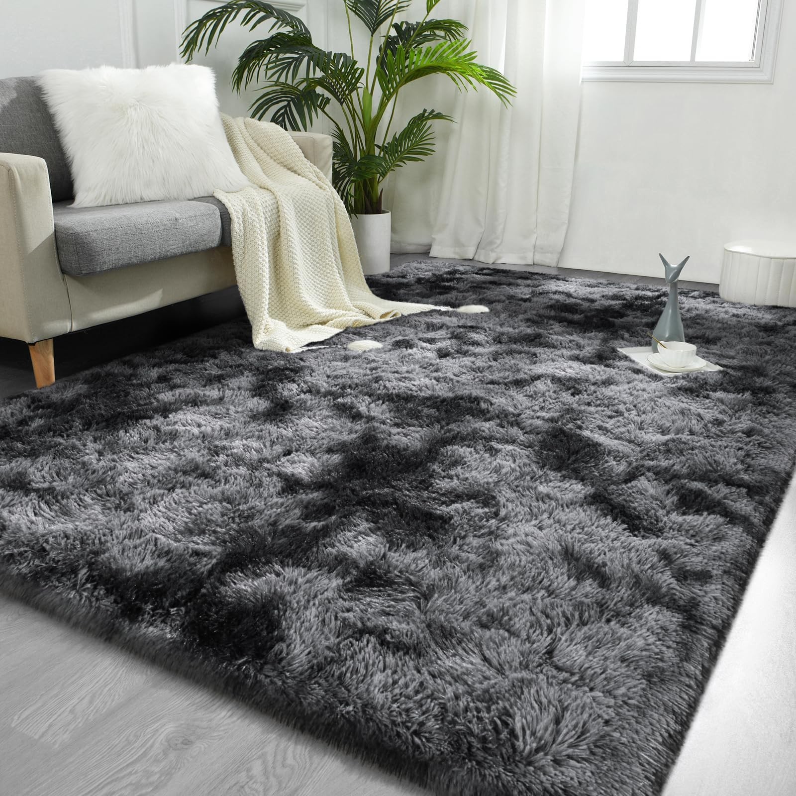 FlyDOIT Large Area Rugs for 4′ x 6′ (Rectangular), Tie-dyed Black and Grey