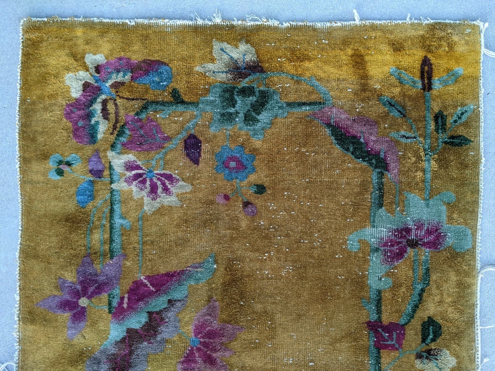 Antique Floral Deco Nichols Hand knotted Rug Butterfly 55” X 35” China 1930s Gld