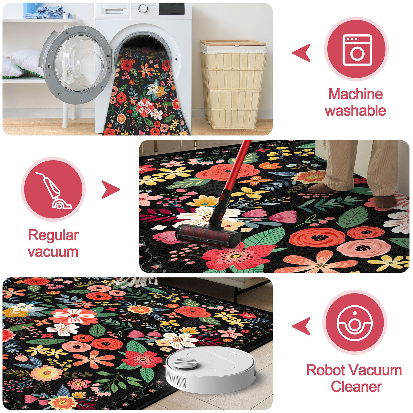 5x7FT Washable Area Rug, Non-Slip Modern Floral Carpet, Living Room Floor Mat