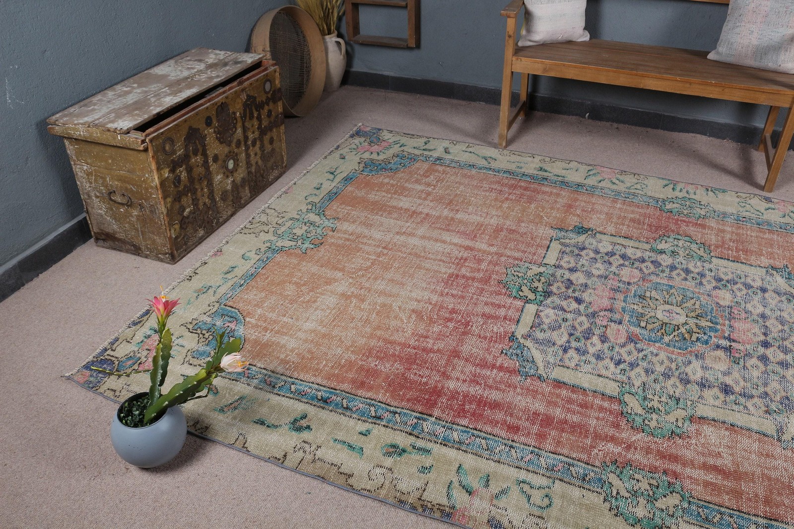 6,5×9,9 ft Turkish Rug, Vintage Large Rug, Red Blue Floral Rug