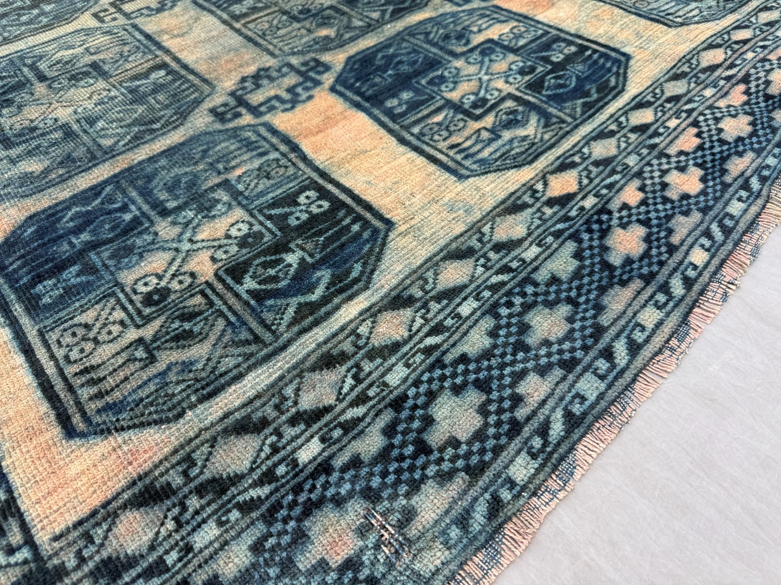 6×9 Faded Afghan Ersari Rug Hand Knotted Octagonal Gul Tribal Wool Carpet