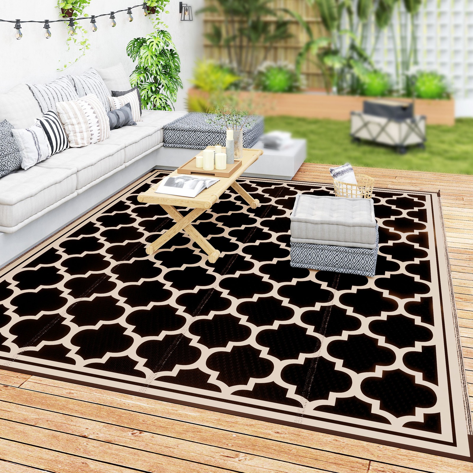 9′ x 12′ Reversible Outdoor Rug, Plastic Straw Mat for RV, Camper, Picnic, Black
