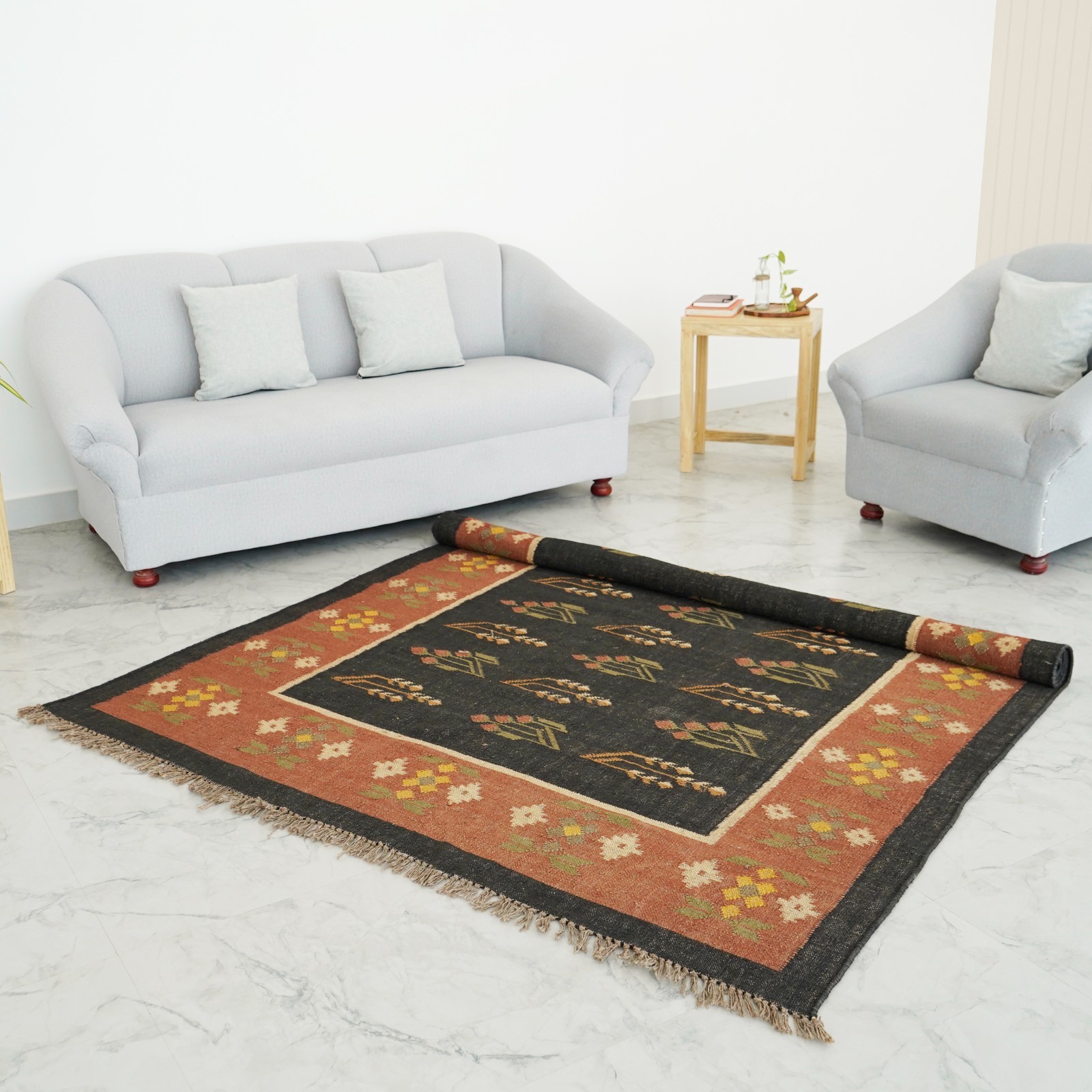 Natural Wool Jute Turkish Kilim Rug Bohemian Farmhouse Area Carpet Southwestern