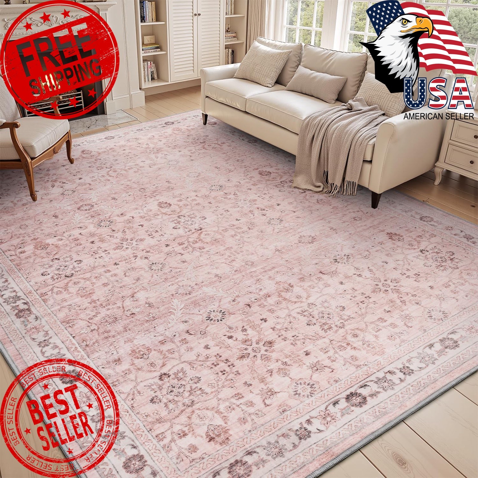 MontVoo Pink 8’x10′ Vintage Distressed Area Rug
