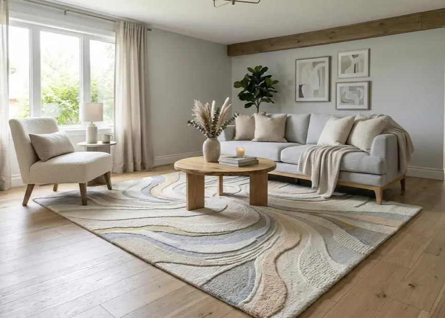 Hand-Tufted Abstract Wave Rug – Beige, Slate Blue, Carved Texture Area Carpet