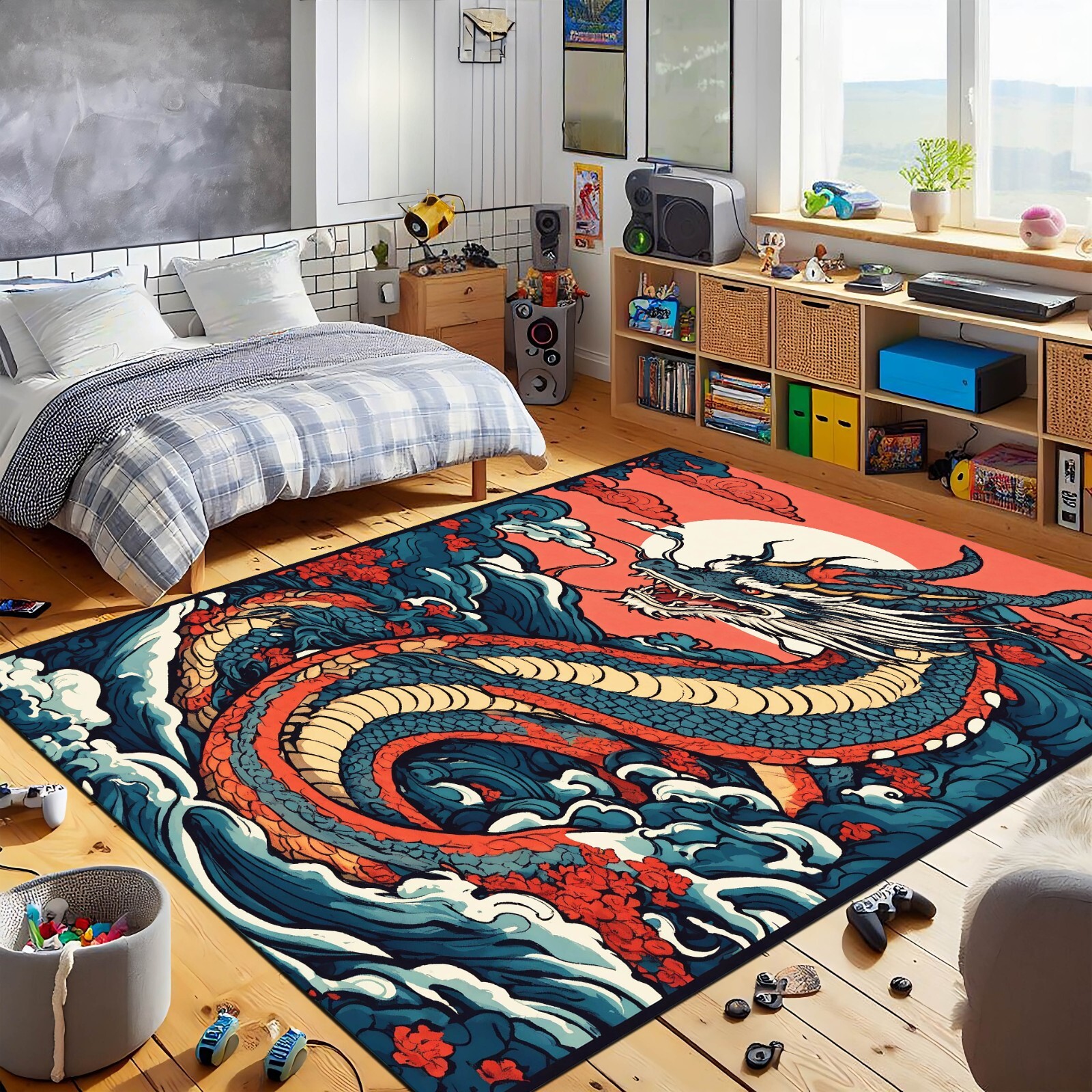 Dragon Rug, Japanese Dragon Rug, Blue Rug, Animal Rug, Animal Decor Rug, Living