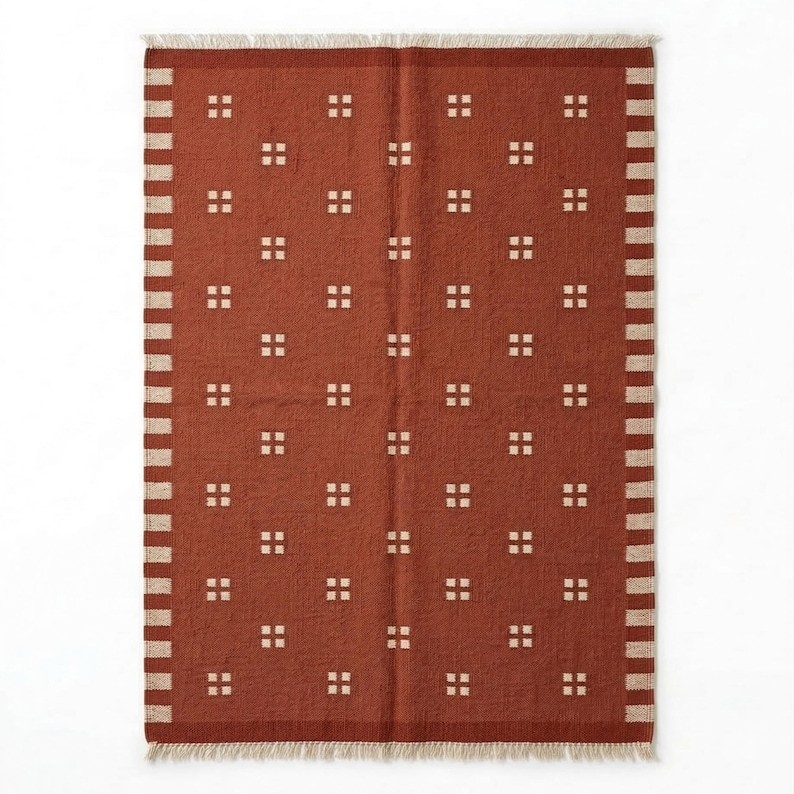 Scandinavian Red Swedish Kilim Tile Rug Handmade Flat weave Boho Large Area Rug
