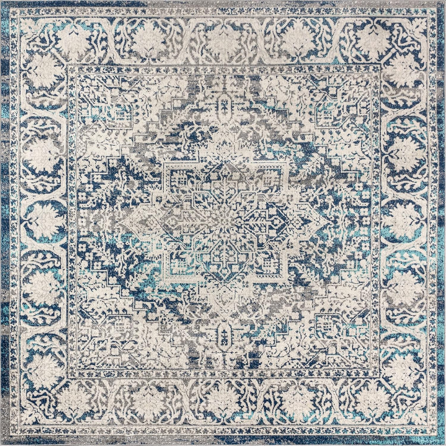 Modern Vintage Navy/Light Gray 9×9 Square Area Rug – Pet Friendly & Easy-Clean