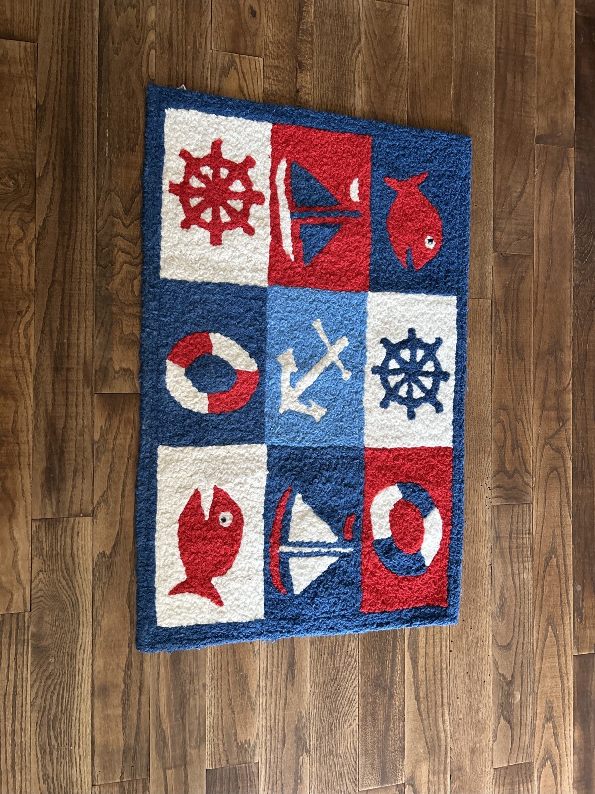 Nautical Rug Fish Jellybean Rug 33X 21 Inch Area Accent Washable Red& Blue