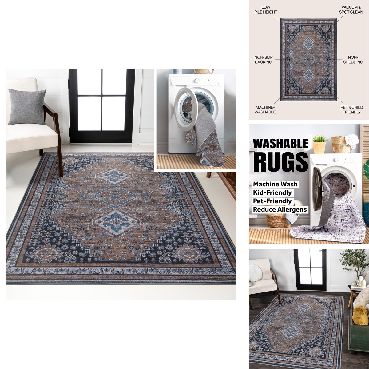 Jonathan Y Machine Washable Indoor Area Rug 3X5 Brown/Blue/Gray Dalyan