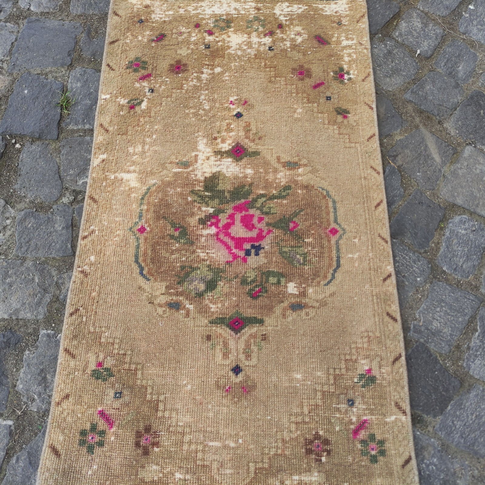 Roses Vintage rug 2×4 mini runner rug 1.74 x 3.74 ft. worn carpet 53 x 114 cm