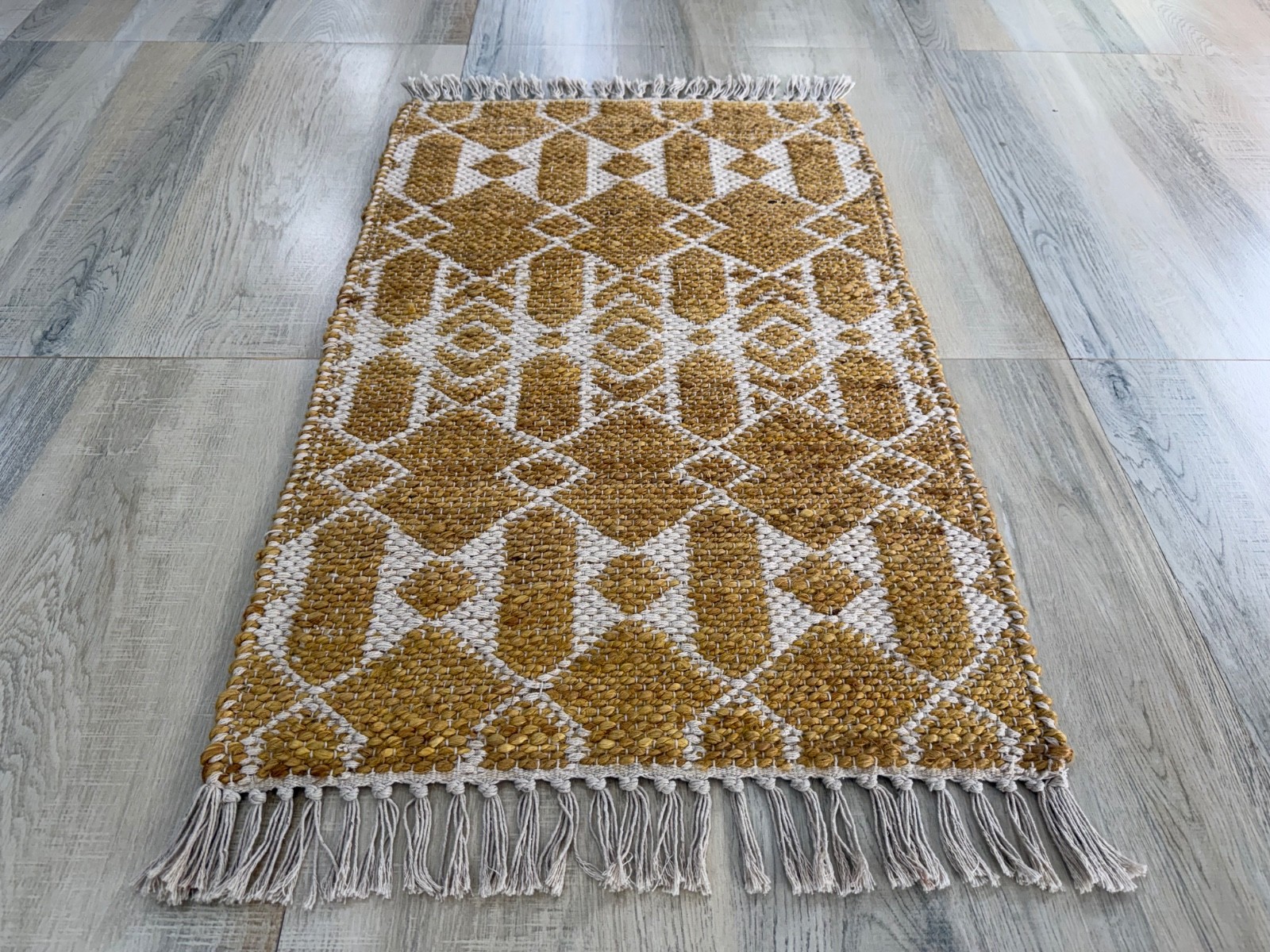 Jute Cotton Hand Woven Area Rug Golden Natural Traditional Scandinavian Kilim