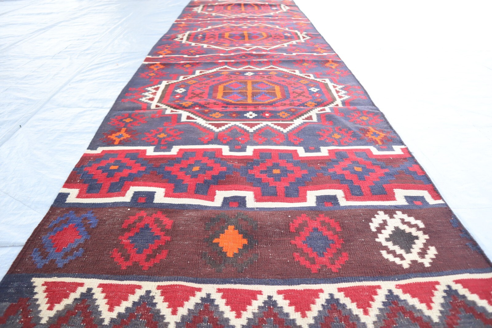 3’3×13’5 ft Vintage Wide Runner Rug, Geometric Flatweave Oriental Hallway Rug