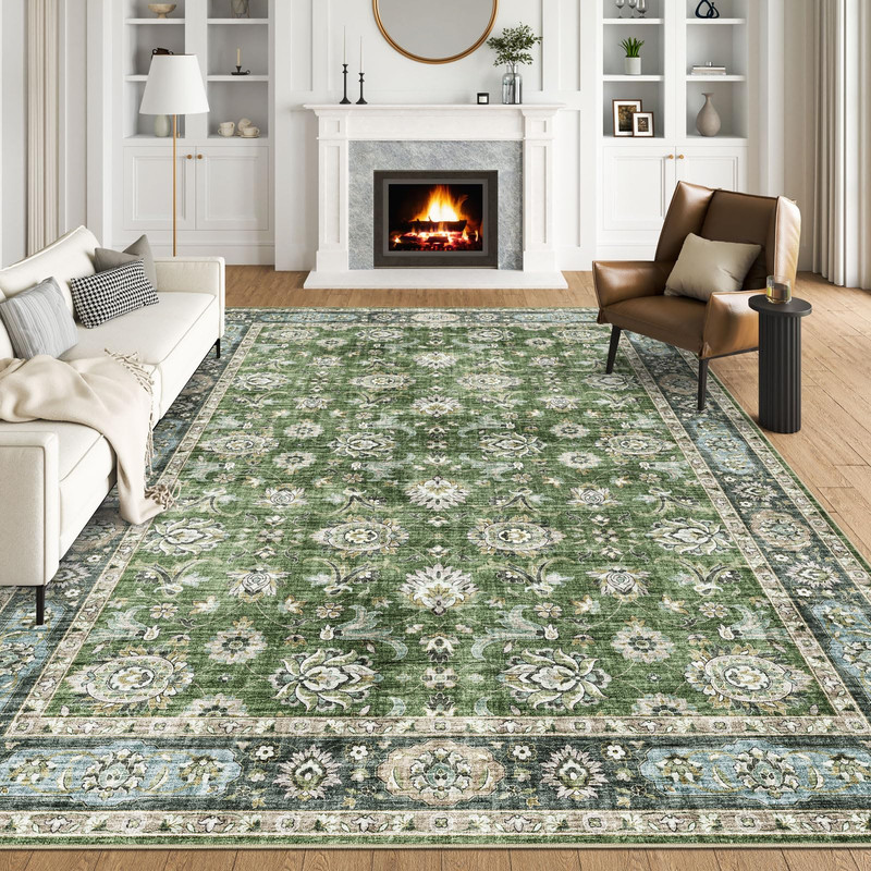 Blissa Washable Area Rug 6X9 – Large Green Living Room Rug Vintage Retro Carpet