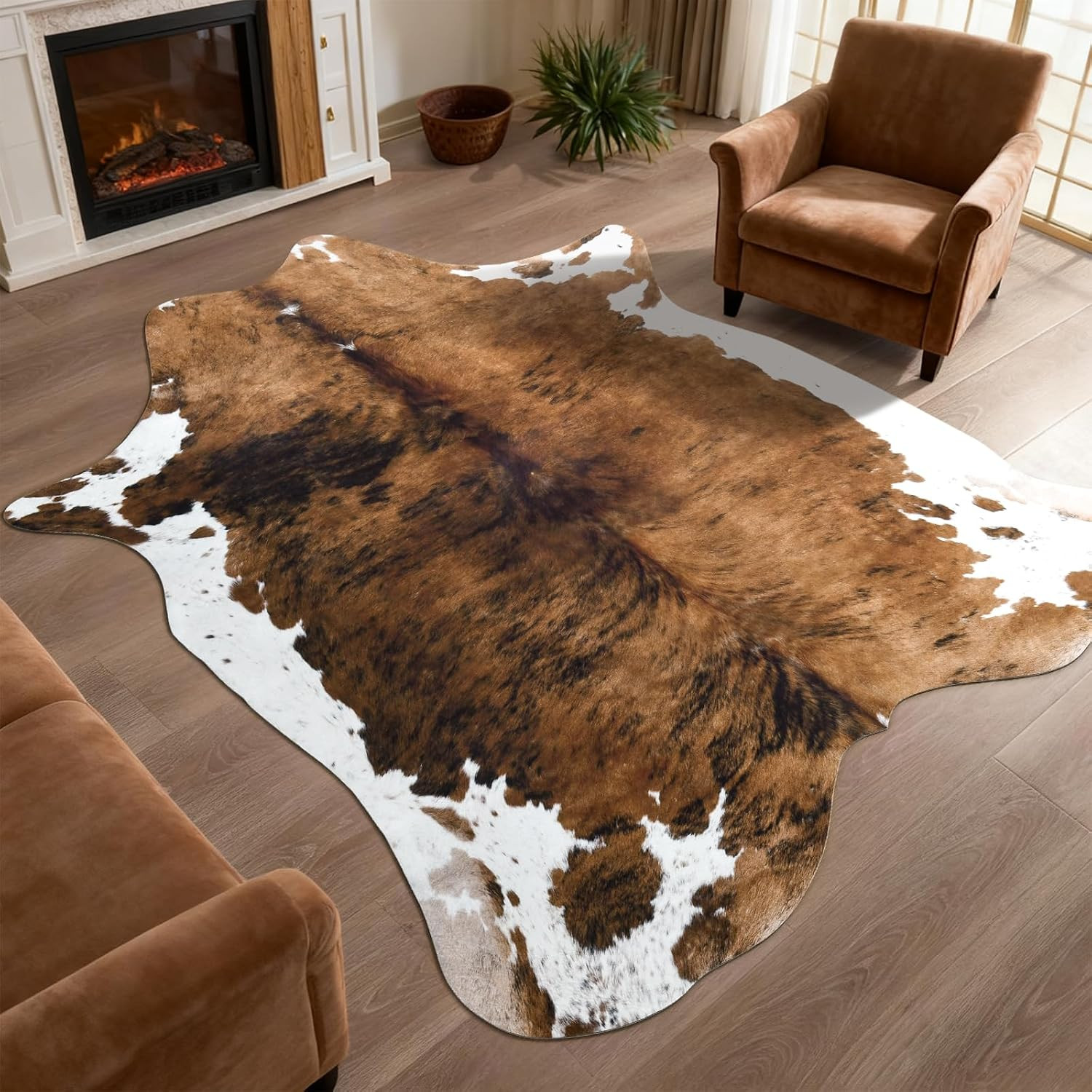 Faux Cowhide Print Rug for Living Room, 4.6 X 5.2 Ft Brown Western Animal Cow Hi