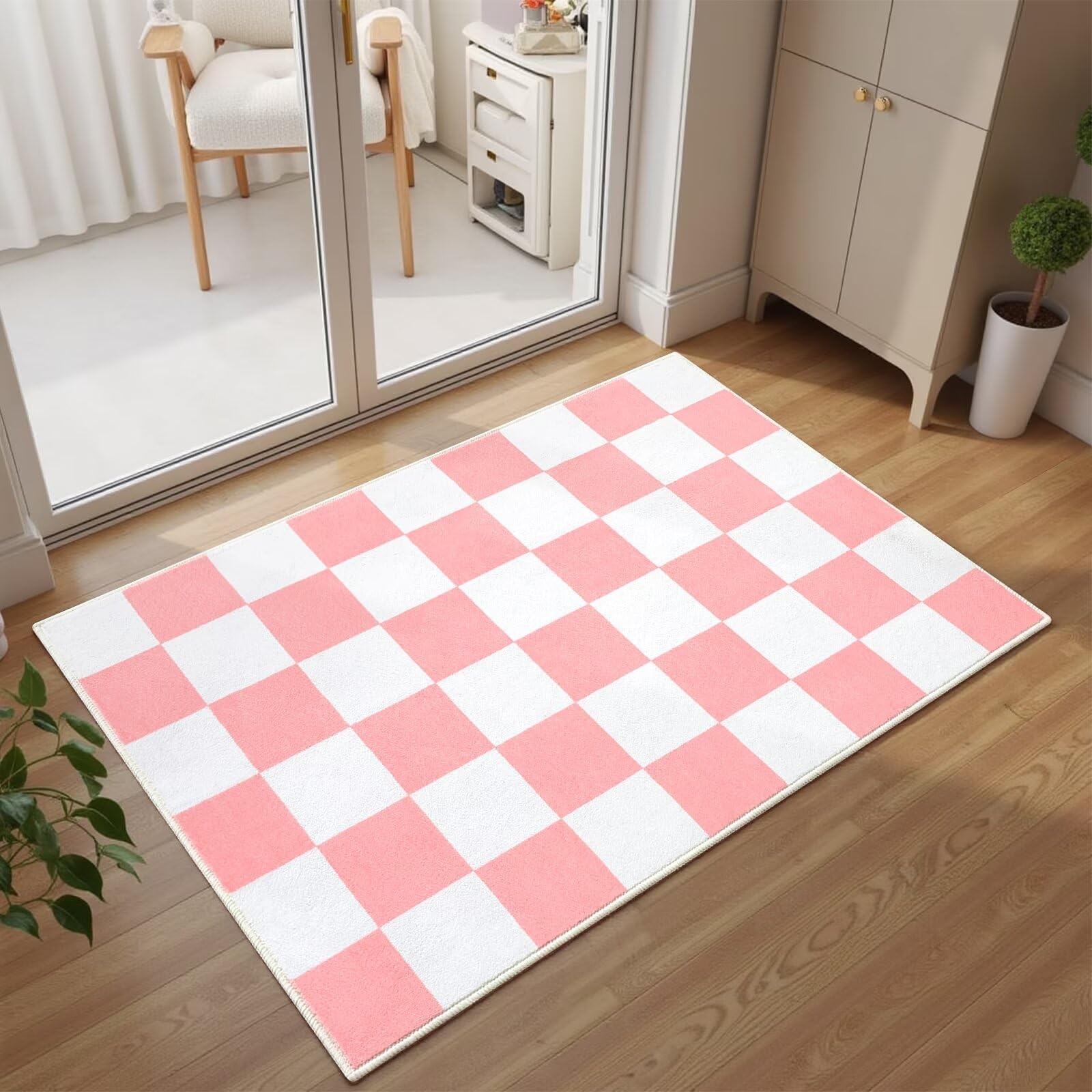 Terrug Pink and White Checkered Rug for 2′ x 3′ (Rectangular), &