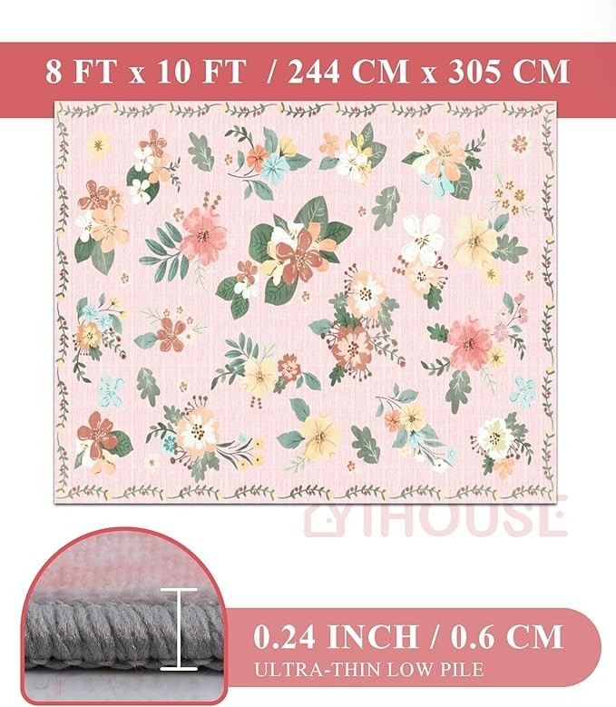 YIHOUSE Floral Print Pink WashableArea Rug 8’x10′- Large Colorful Ultra#3161SUP2