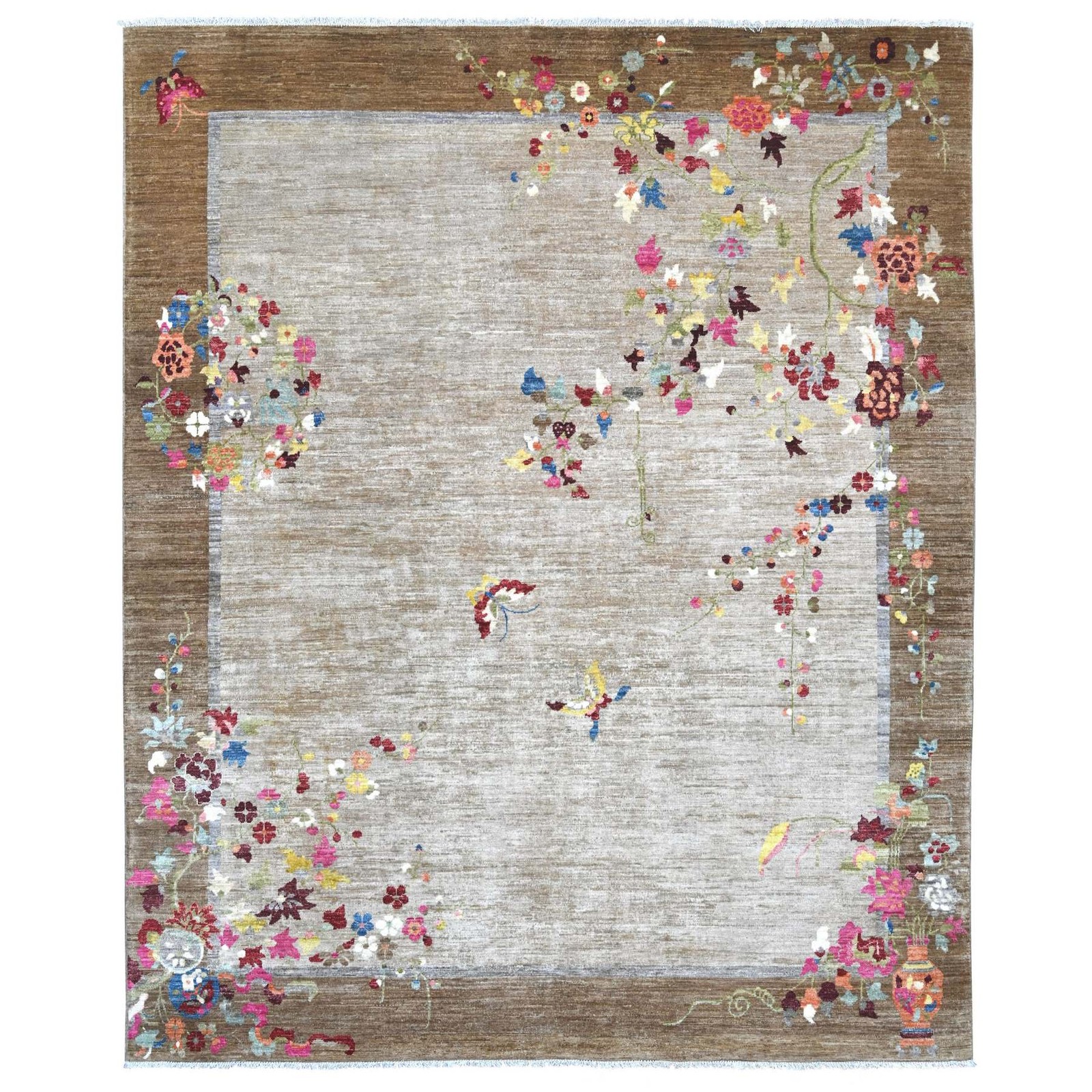 8’2″x9’10” Brown Chinese Art Deco Inspired Peshawar Hand Knotted Wool Rug 22962