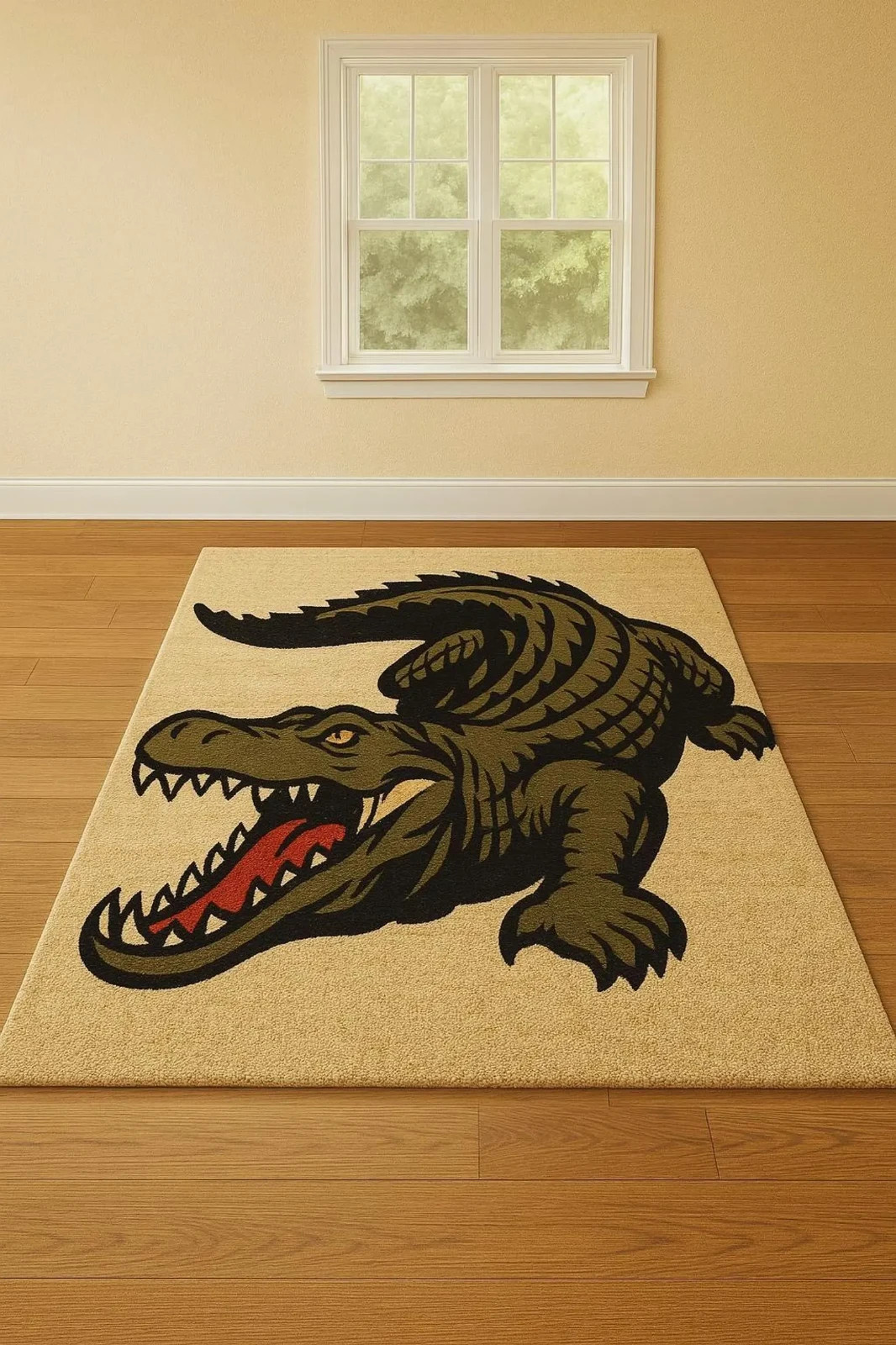 Hand-Tufted New Zealand Wool Rug Crocodile Design, Green & Black Carpet Rug