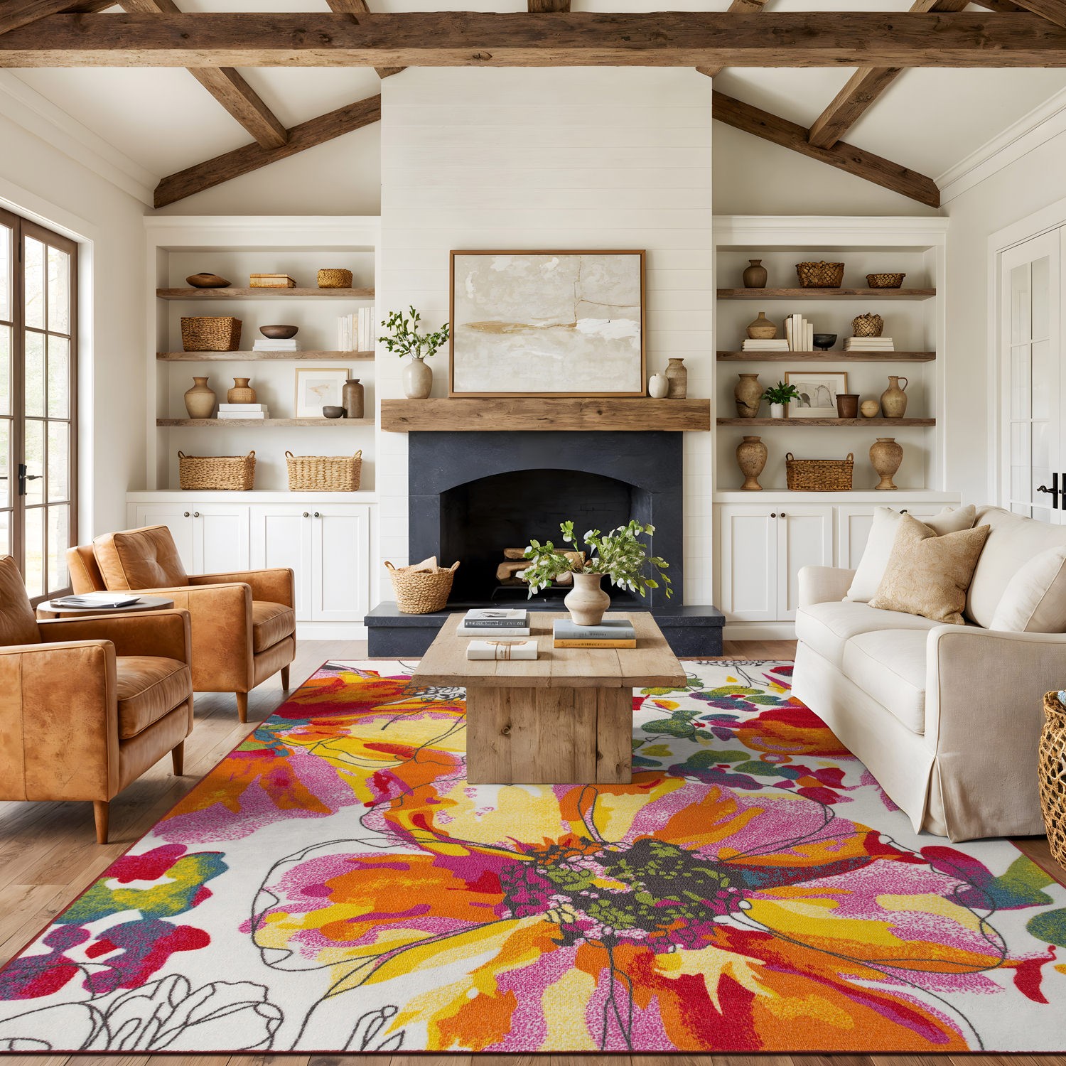 Rugshop Area Rugs 8×10 Modern Bright Flowers Non-Slip Large Rugs for Living Room