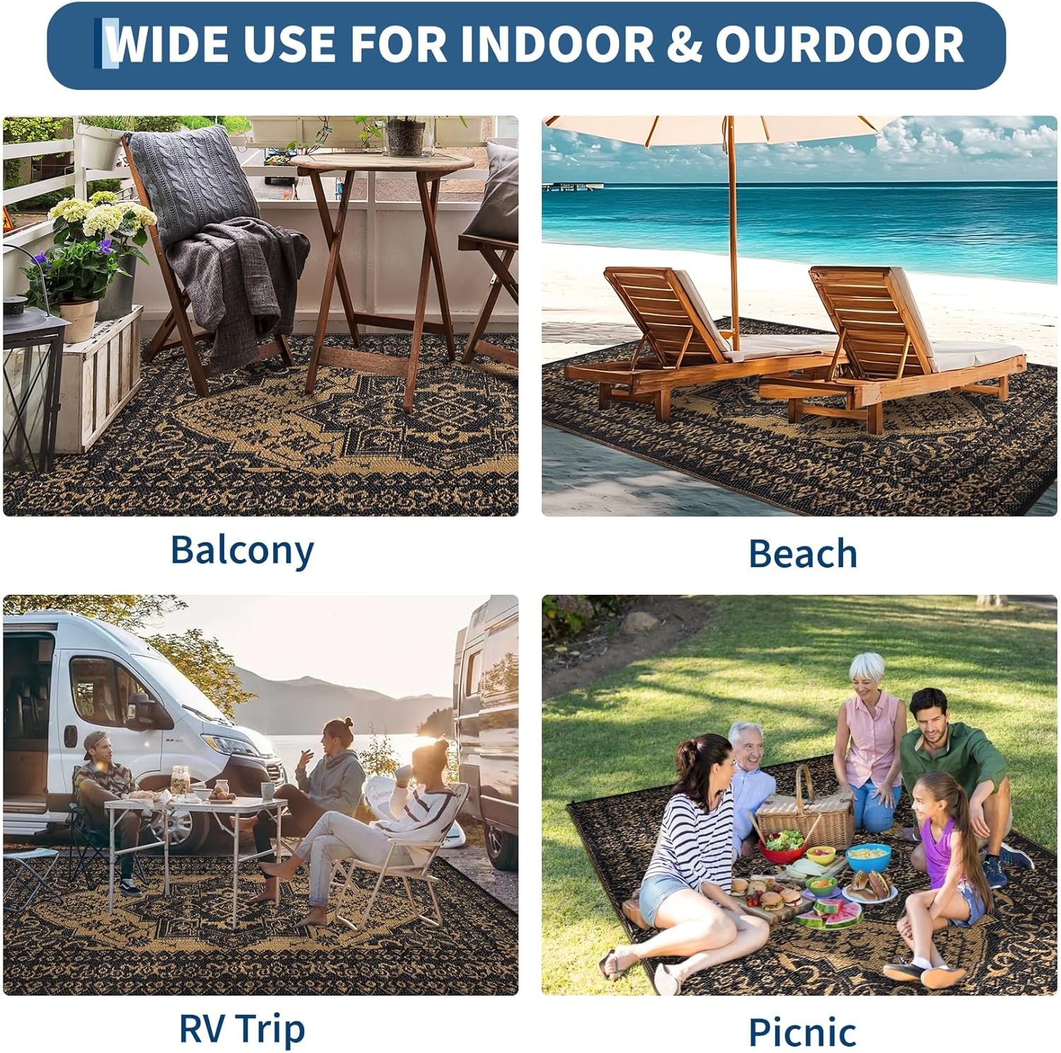Plastic Straw Rug Outdoor Waterproof Reversible Large Vintage Medallion Area Rug