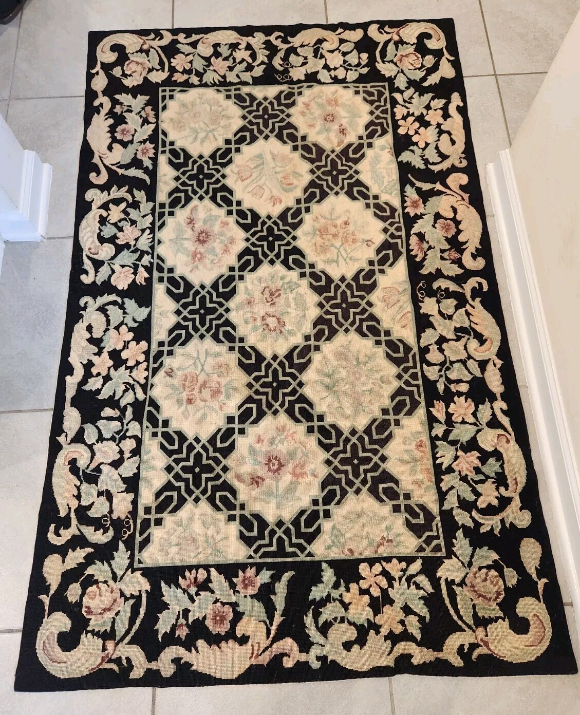 Vintage Needlepoint Floral Area Rug Lined Black Green Red 41×67 Trellis Roses