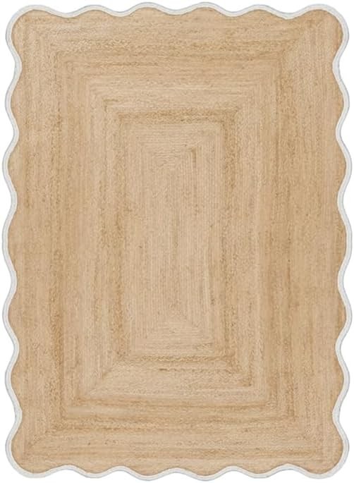 Scallop Rug Natural Jute Hand Woven Carpet BedRoom Farmhouse Area Rug White Trim