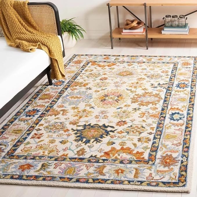 Handmade PremiumANAYA Collection Woollen Rug Loop Pile Floral Hand Tufted Carpet