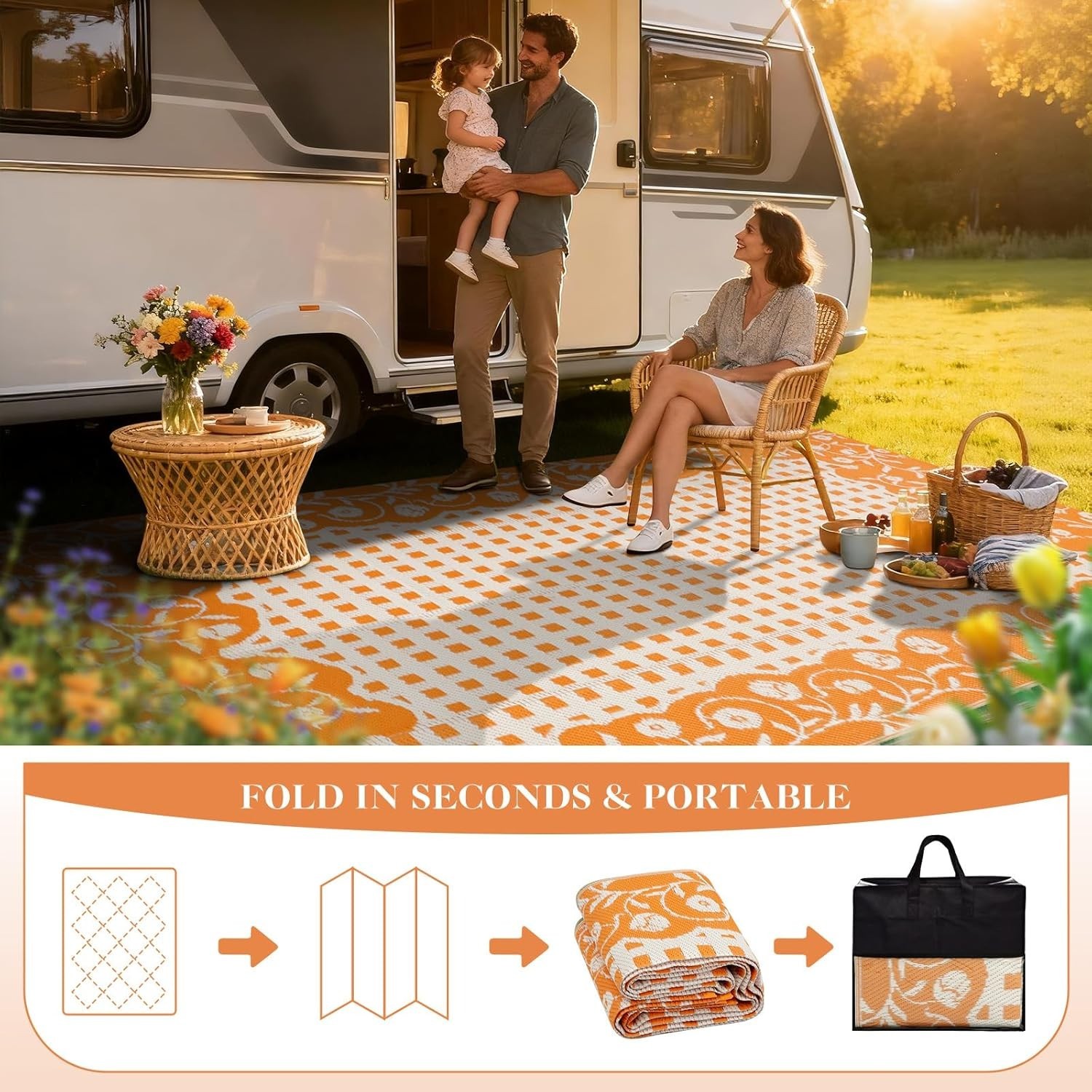 Plastic Straw Rugs 5×8 Floral Reversible Waterproof Patio Camping Picnic Carpet