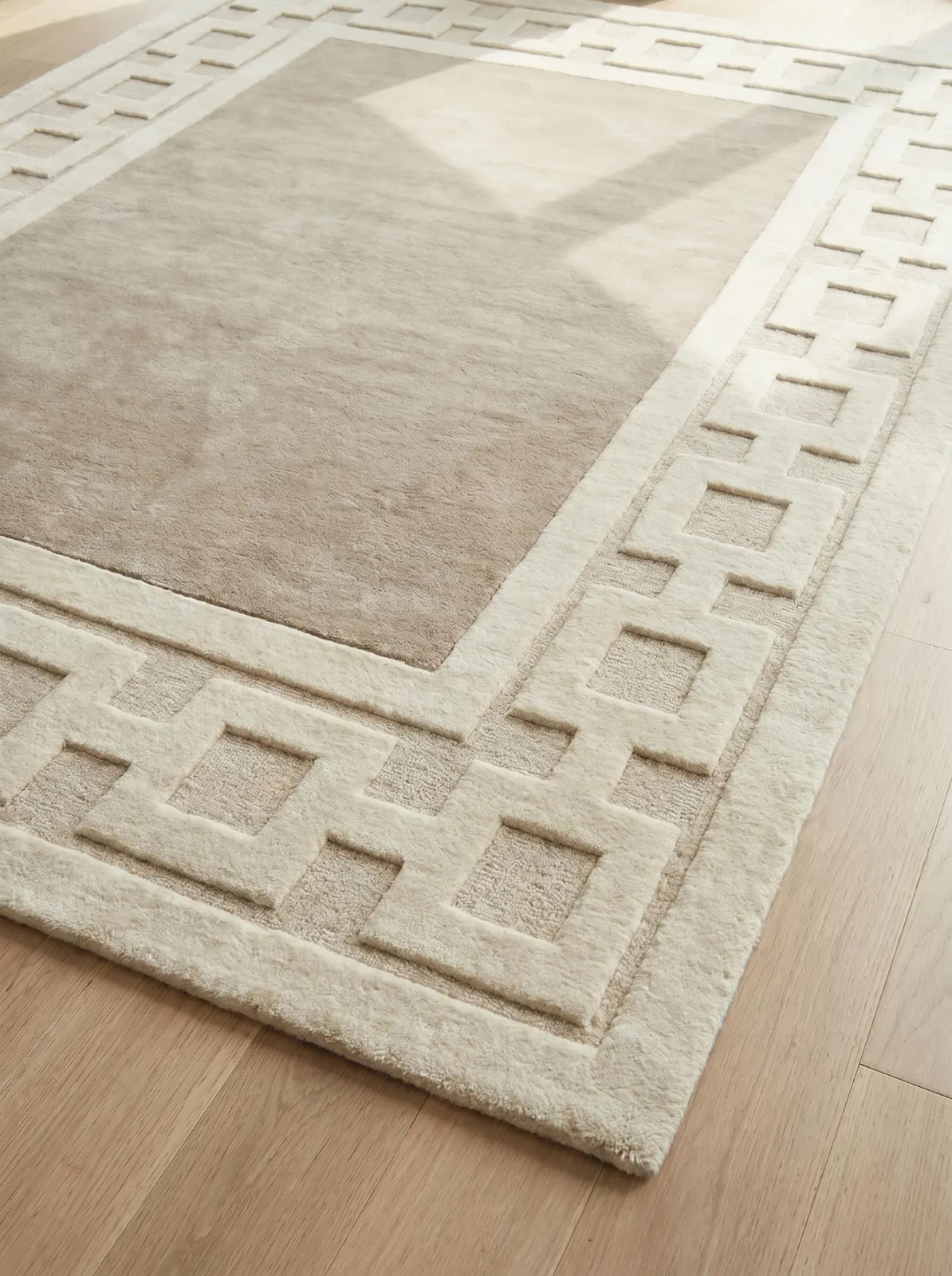 Luxury Greek Key Tufted Rug, Handmade Neutral Area Rug, Modern Beige Living Room