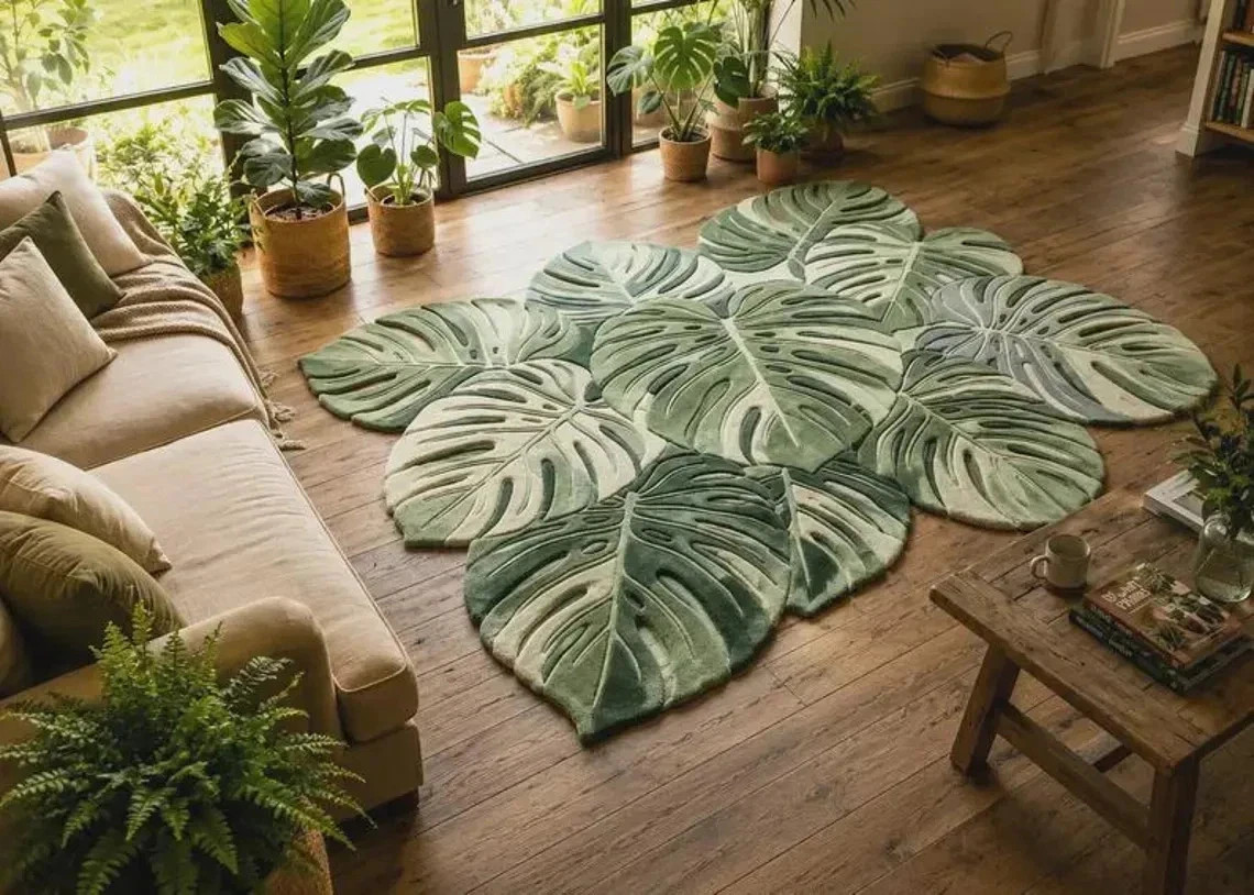 Hand-Tufted Wool Monstera Leaf Rug, Green Botanical Living Room Area Rug Carpet