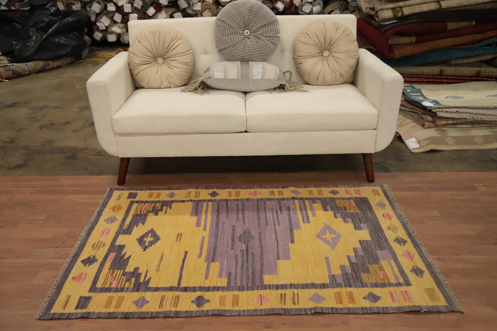 Gold/ Purple Kilim Accent Rug 3×5 Vegetable Dye Geometric Wool Tribal Carpet