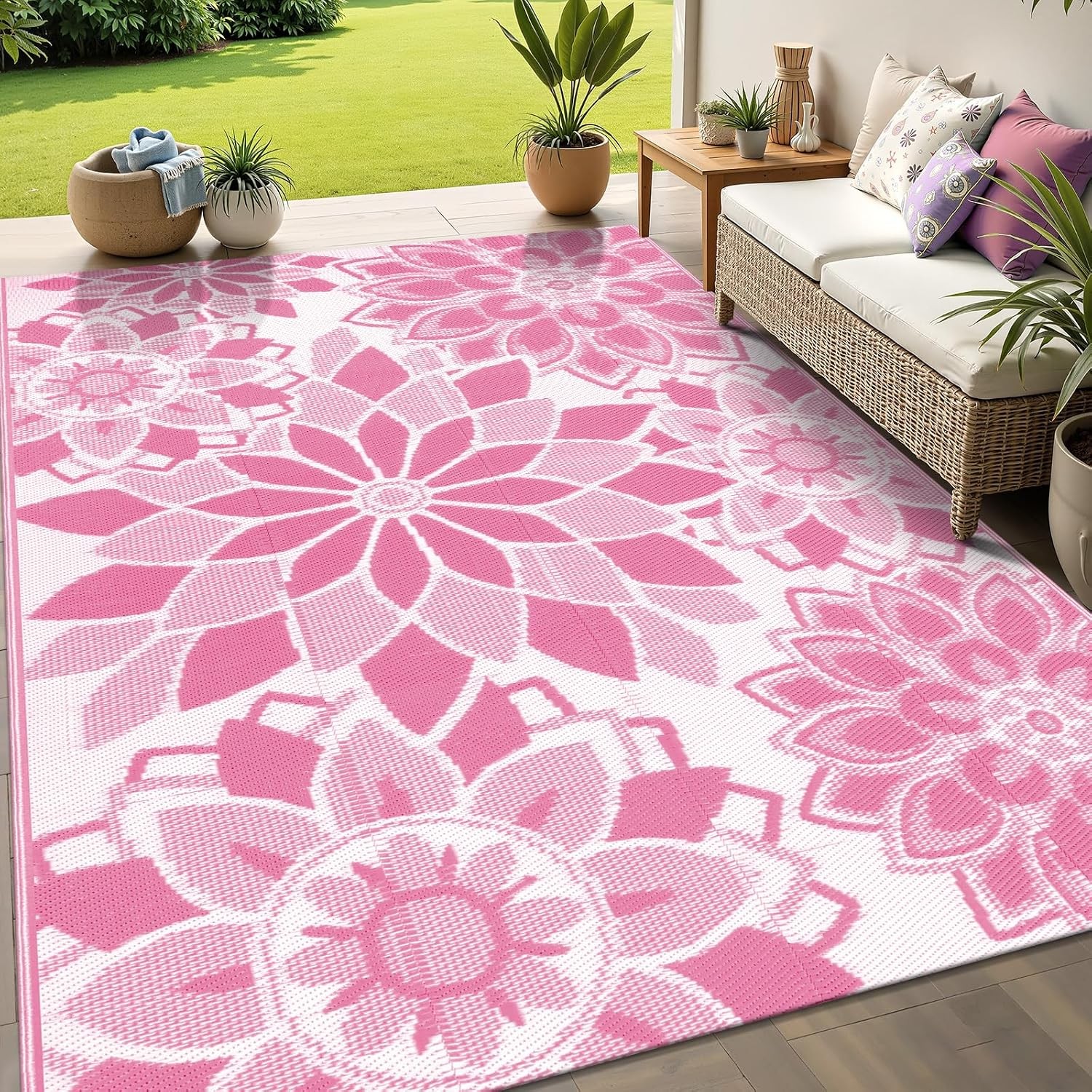 Outdoor Reversible Plastic Straw Patio Rug 5×8 ft Pink White Waterproof