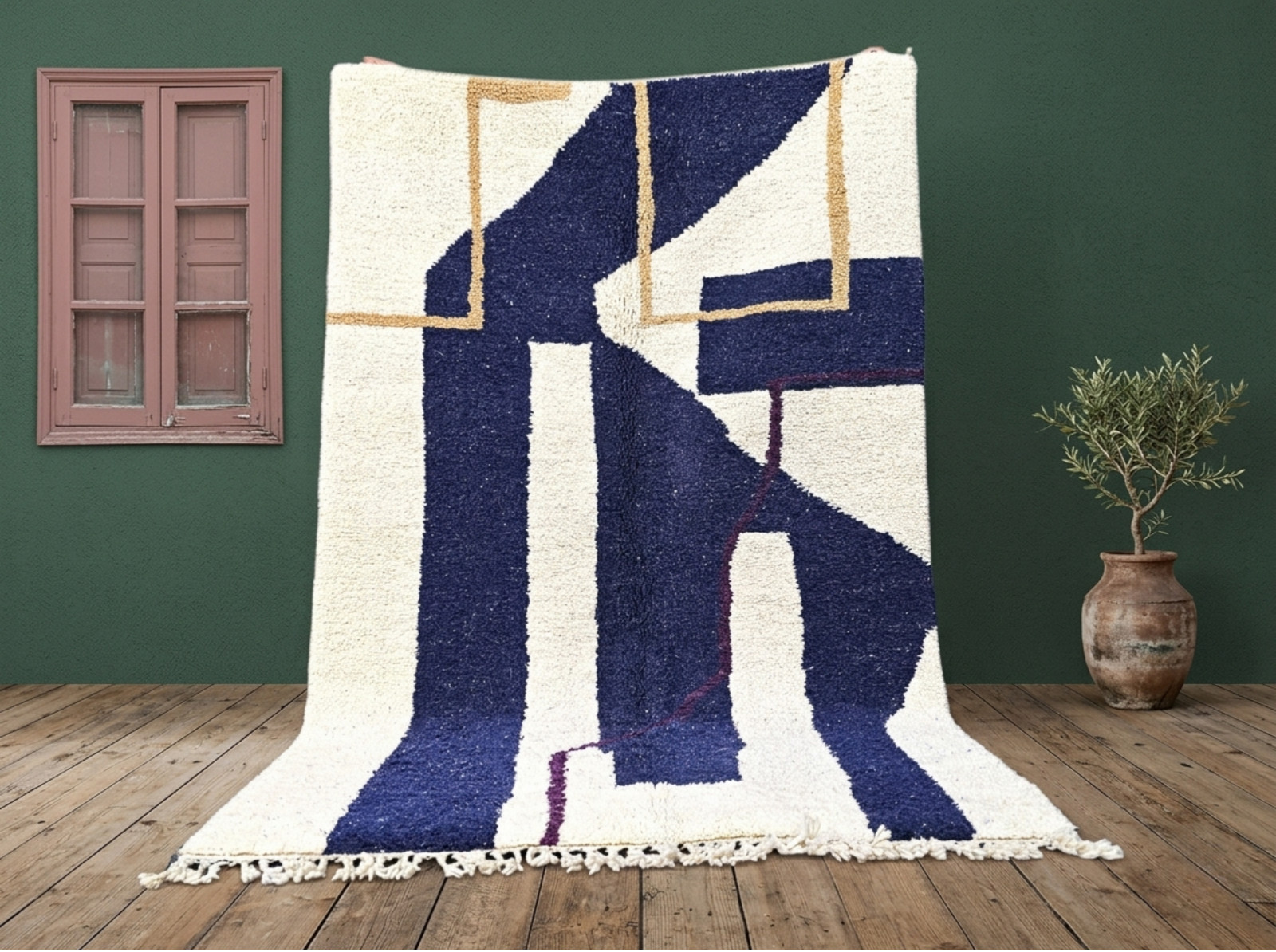 Handmade Moroccan Berber Wool Rug Navy Blue Abstract Beni Ourain Custom Size