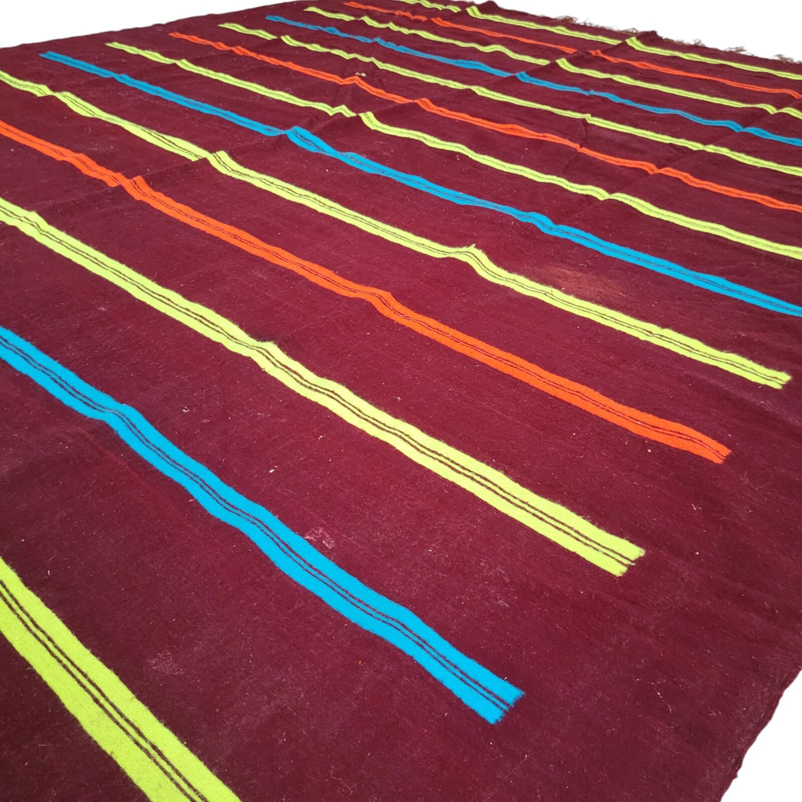 Vibrant Handmade Moroccan Rug Orange Blue Bands Yellow Berber Fringe Wool Carpet