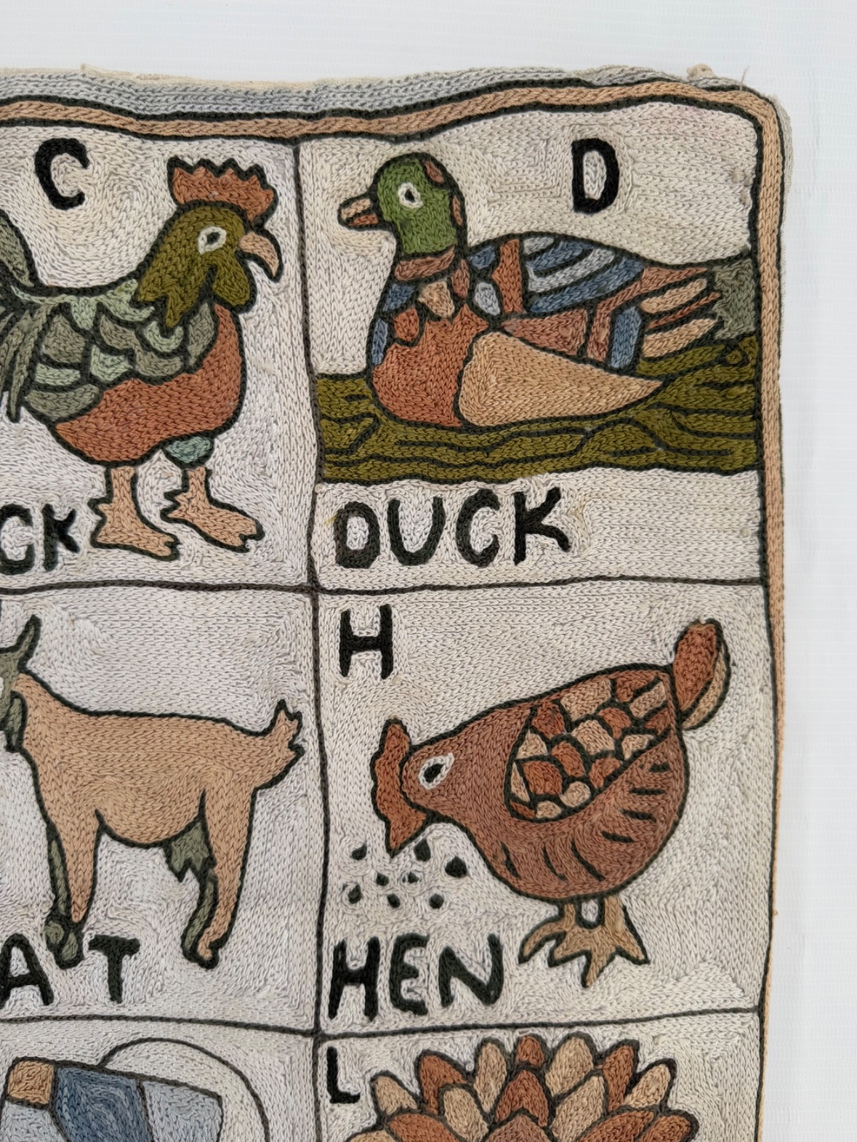 Vintage Hand Silk Embroidered Kashmiri Chain-Stitch Alphabet ABC Tapestry Rug