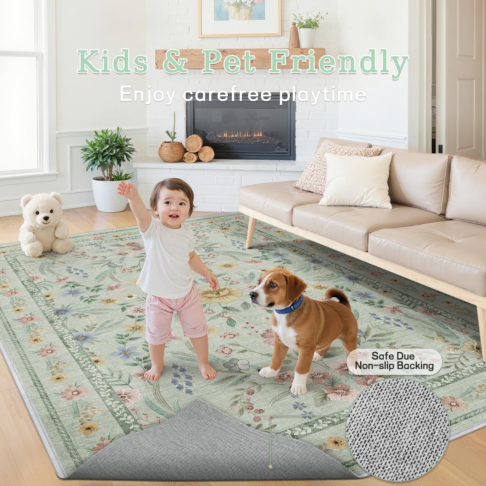 Dadasgk 5×7 Green Floral Botanical Rug Nursery Playroom Kids Room Washable