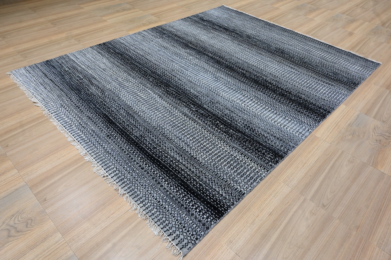 Contemporary 8×10 Hand Knotted Rug Black Grey Gradient Abstract Transitional