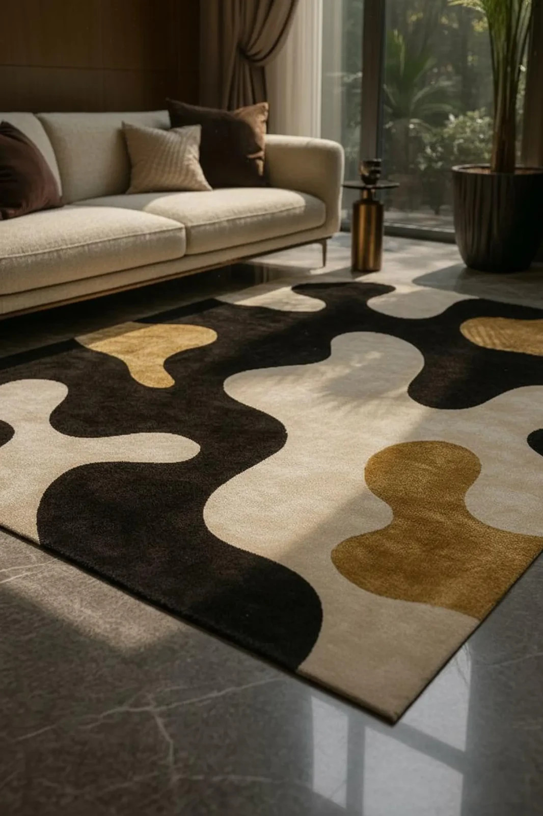 Handmade Wool Area Rug – Modern Black Beige Gold Organic Abstract for home decor