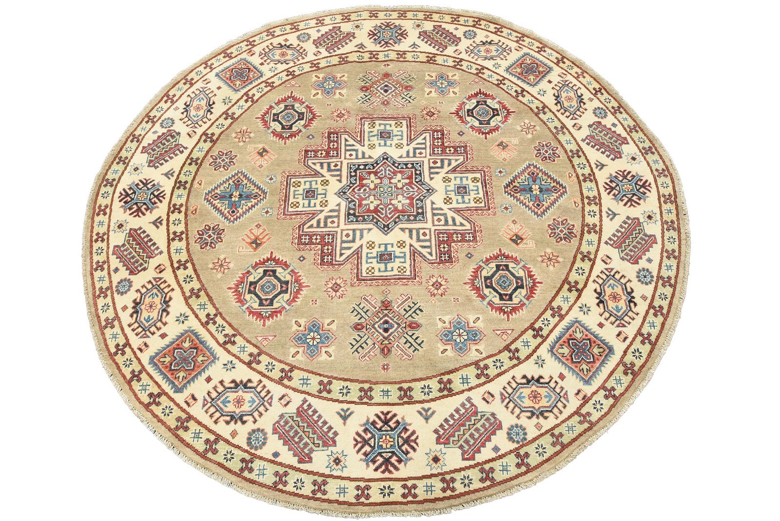 Kazak Rug 7’11” x 7’10” Round Brown Wool Tribal Hand-Knotted Oriental Carpet