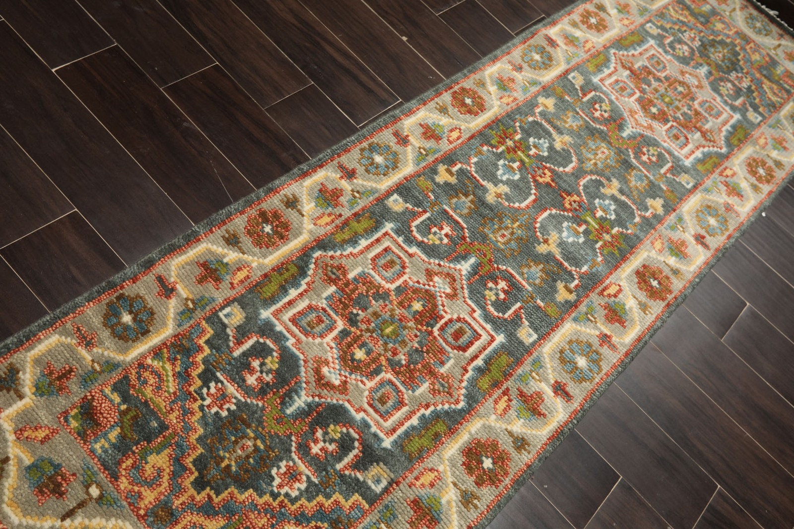 2’6”x8 Runner Hand Knotted Wool Teal, Gray Oushak Traditional Rug